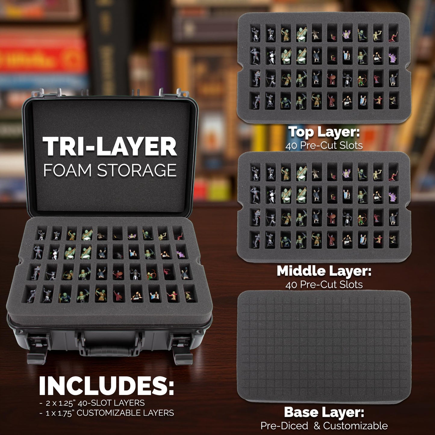 CASEMATIX Hard Shell Miniature Carrying Case - 80 Slot Figurine Miniature Storage Case with Customizable Foam Layer for Large Miniatures Compatible with Warhammer 40k, DnD & More!