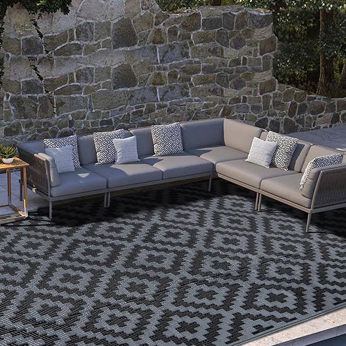 SAND MINE Waterproof Outdoor Rug 9x18 ft, Plastic Reversible Rug, Modern Area Rug, Large Floor Mat for Outdoors, RV, Patio, Backyard, Deck, Picnic, Beach, Camping, Black Grey Lattice