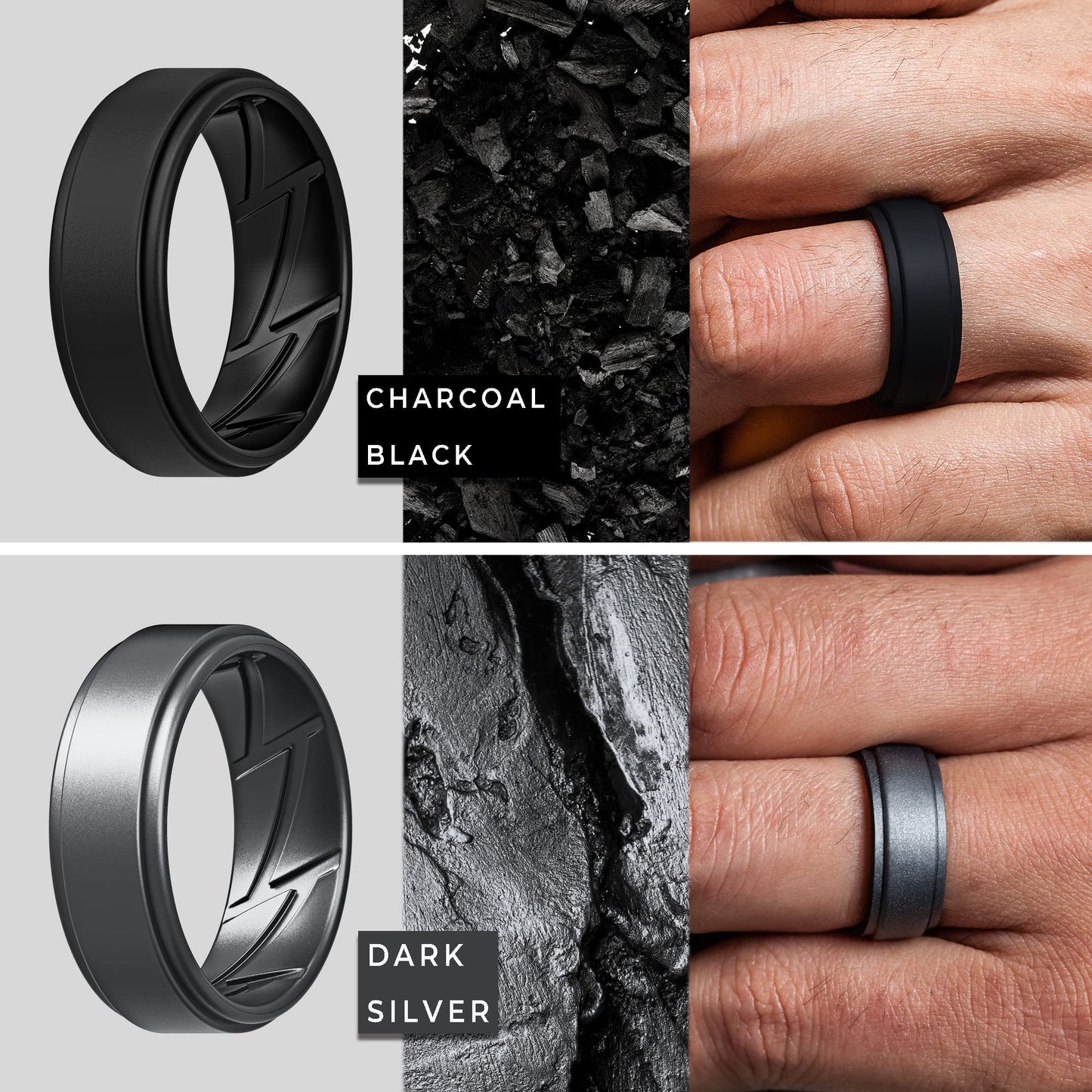 ThunderFit Silicone Wedding Rings for Men Breathable Airflow Inner Grooves, Step Edge Sleek Design Rubber Engagement Bands 8mm Wide 2mm Thick, Variety Multipack 1-7