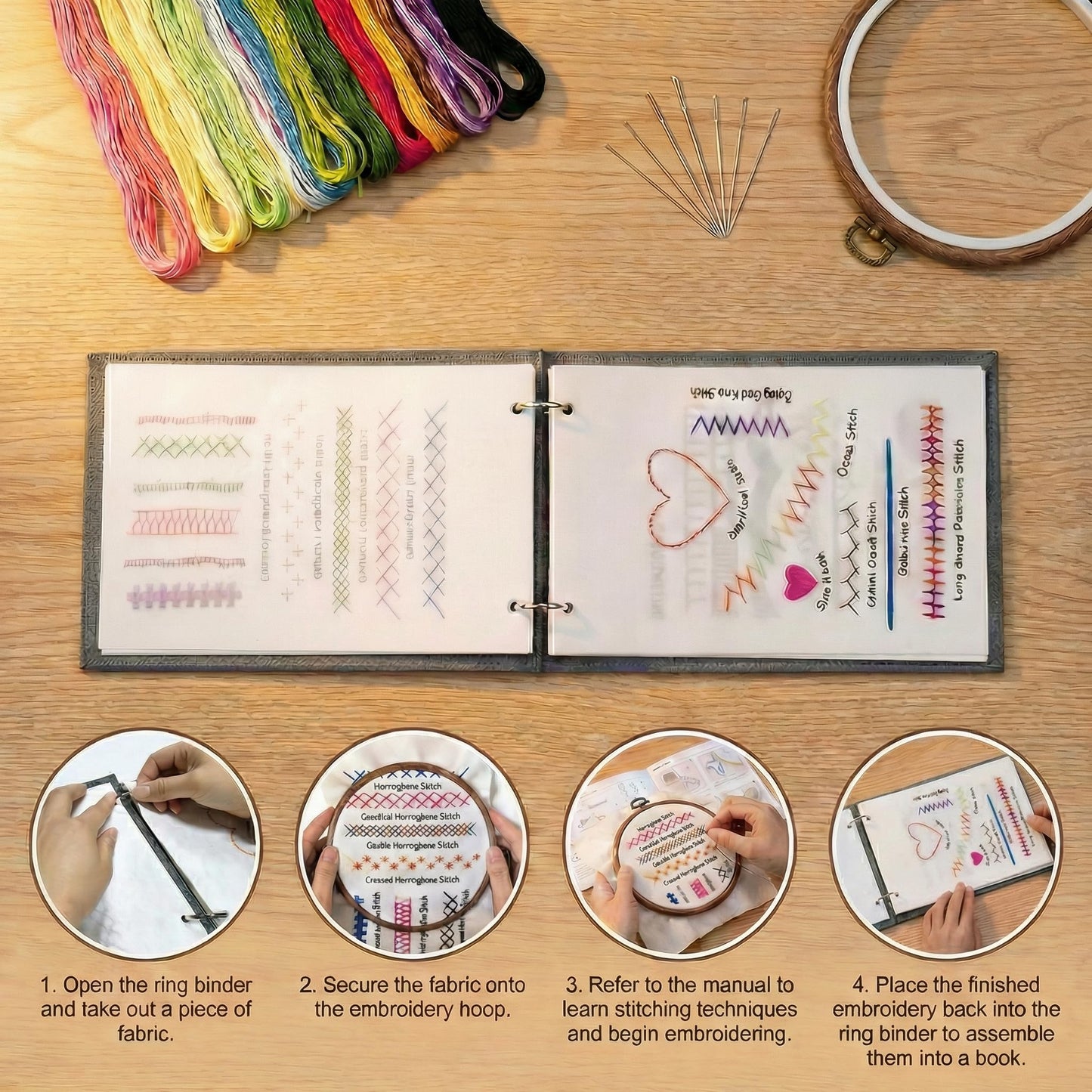 Embroidery Kit with Ring Binder Removable Pages Stitch Book, Patterns, Hoop, Floss, Needlepoint Craft Kit - Cross Stitch for Beginners and Adults