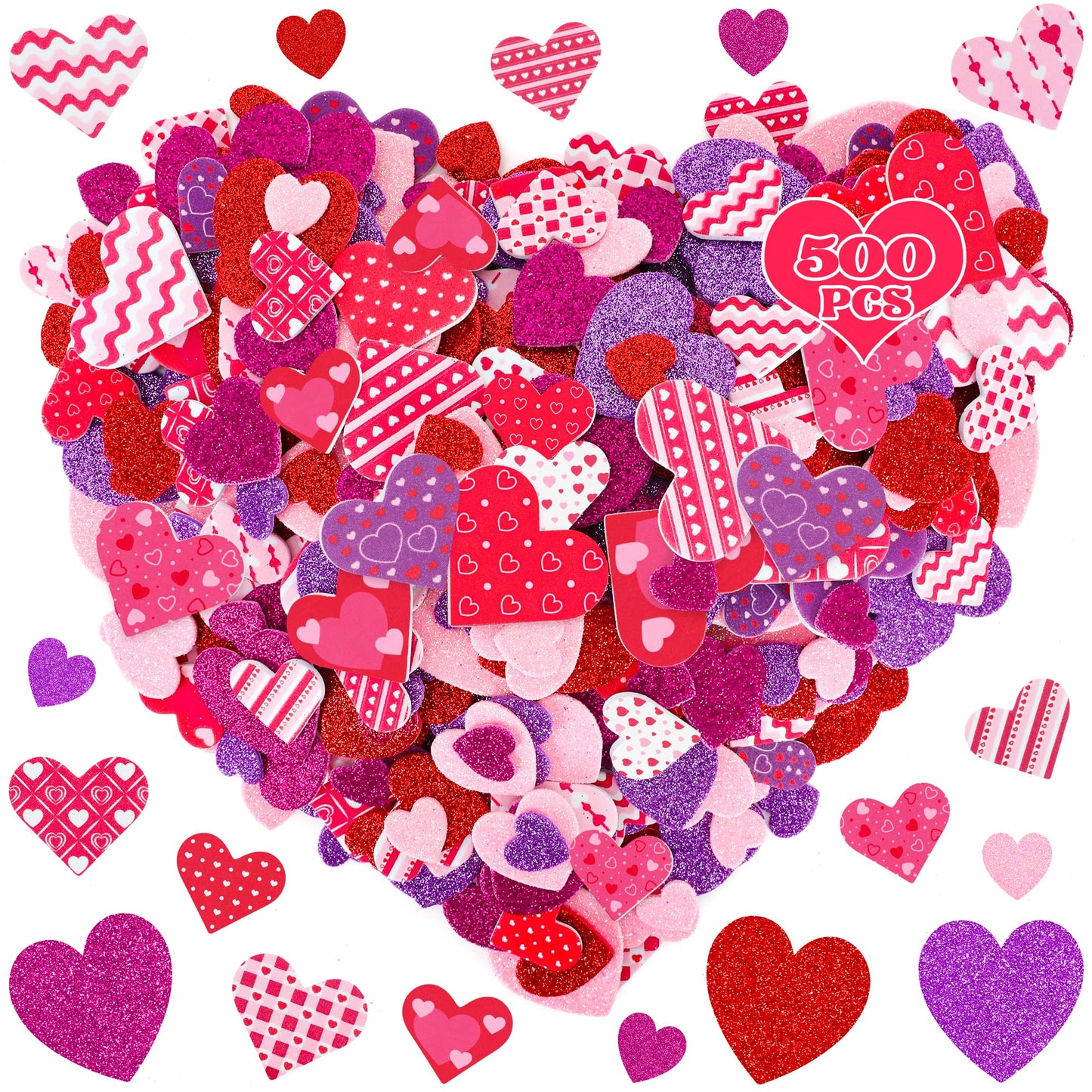 500 PCS Valentines Stickers, Self-Adhesive Foam Heart Stickers for Craft Lovers, 3 Sizes Glitter Polka Dots Stripe Valentines Decor, Bulk Valentine Crafts Red Pink DIY Decor for Frames Presents Cards