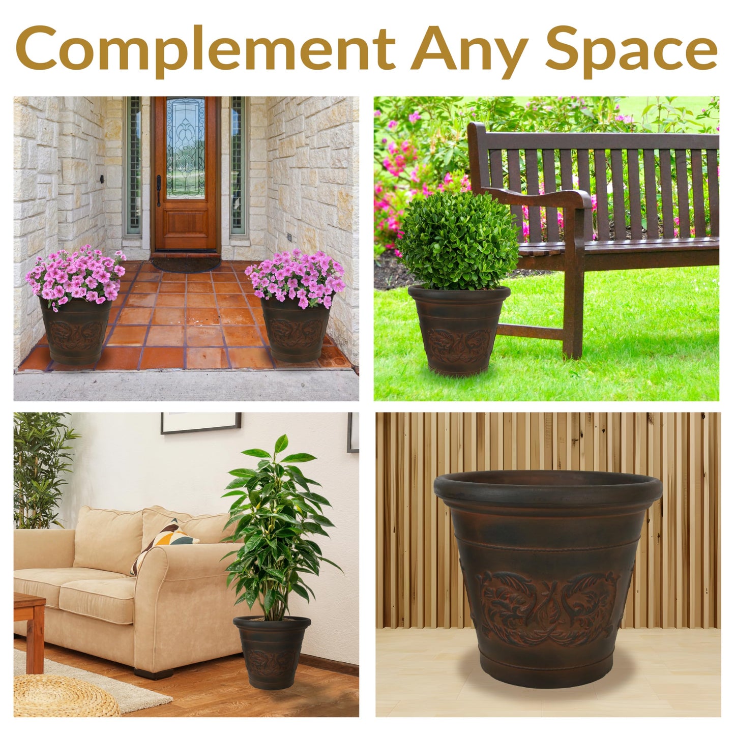 Sunnydaze 16-Inch Arabella Large Plastic Pot for Plants - Outdoor Double-Walled Polyresin Large Plastic Planter with Drillable Drainage Holes - Rust