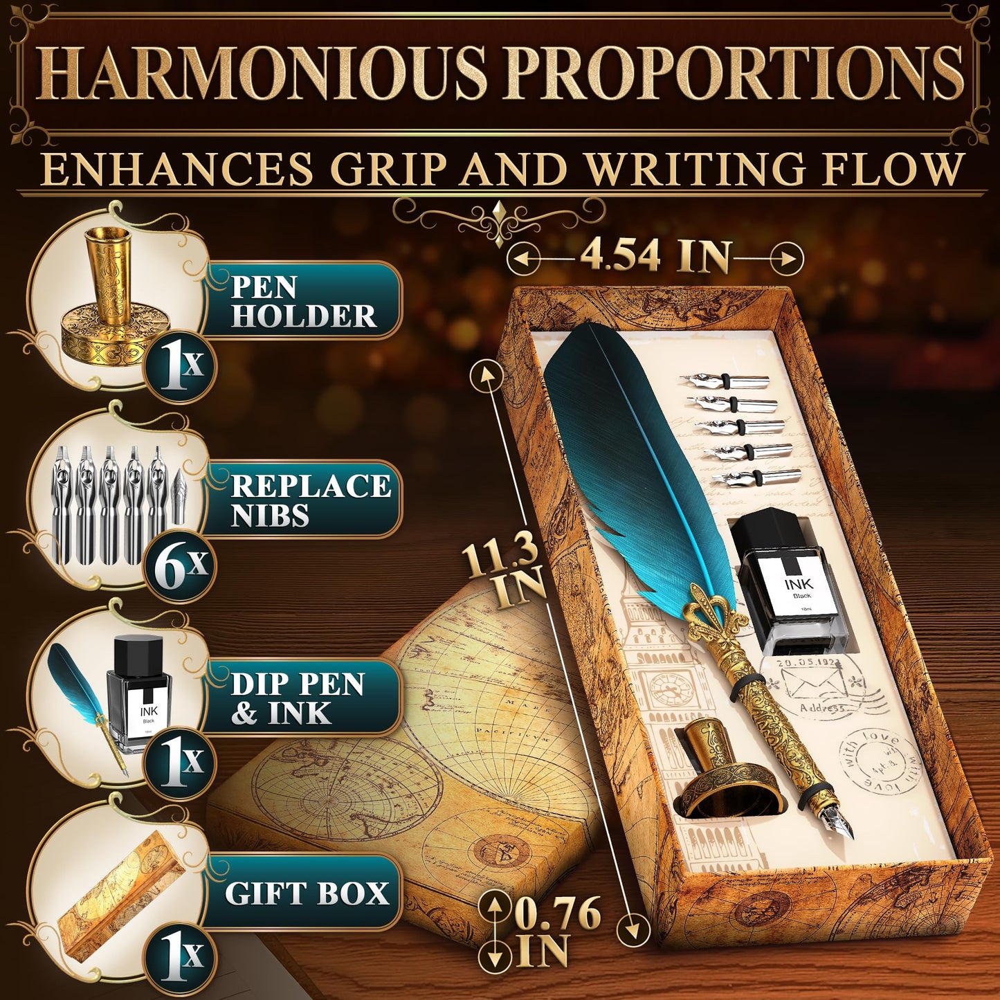 Vintage Feather Quill Pen and Ink Set - Elegant Blue Feather Pen and Ink Set for Signatures, Writing, and Drawing - Calligraphy Kit with Stainless Steel Nib for Beginners and Calligraphy Enthusiasts