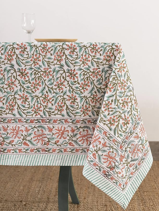 Labhanshi Indian Handblock Print Floral 100% Cotton Canvas Rectangle Table Cloth|72x108 Inch 8-Seater Rustic Farmhouse Decorative Table Cover|Spring Easter Festive Holiday Decor|Berry Pink