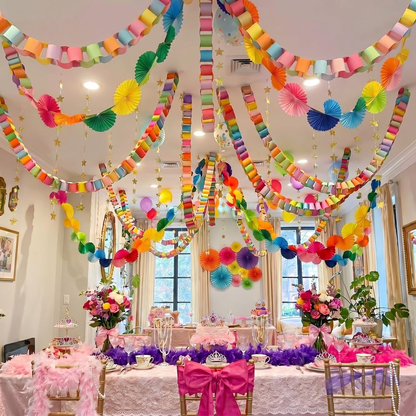 YooNotee 500 Sheets Paper Chain Strips and 4 PC Mirror Star Garland 3 Paper Fan Garland Garlands for Birthday Graduation Wedding Bachelorette Christmas Ceiling Hanging Decorations