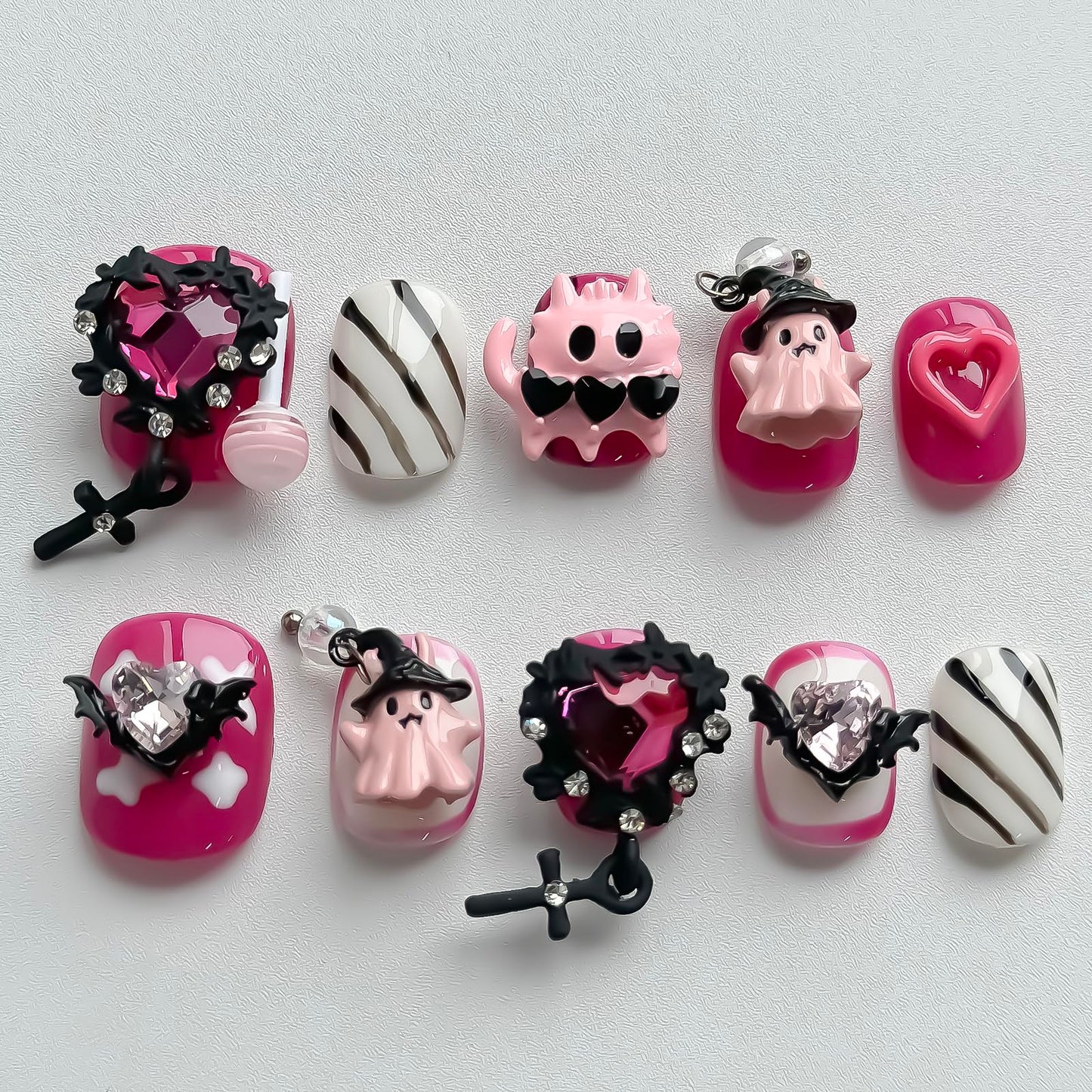 Halloween Press on Nails Short Square Cute Handmade Nails 3D Unique Reusable ABS Material Fake Nails Pink False Nails with Designs Cute Ghost Heart Charms Glossy Glue on Nail Thick Acrylic Nail(M)