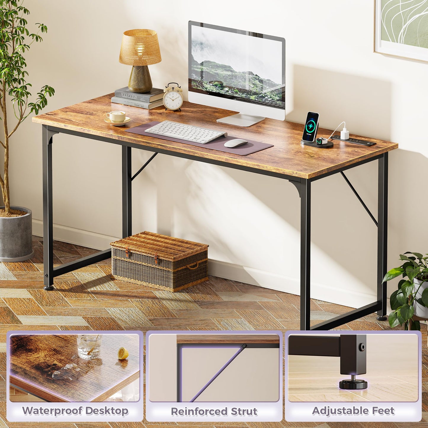 PRAISUN 55 X 20 Inch Office Computer Desk with Power Outlets and USB-C Port, Larger and Longer Gaming Desk, for Home Office, Study, Bedroom, Writing Work from Home Table, Metal Frame, Rustic Brown