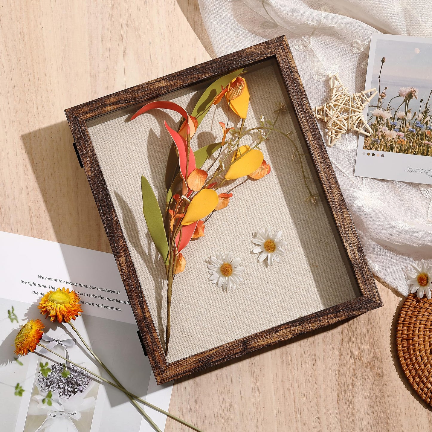 8x10 Shadow Box Frame with Linen Back - Real Glass, Push Pins Included, Sturdy Rustic Memory Display Case, Fits 6.8x8.8 Inserts