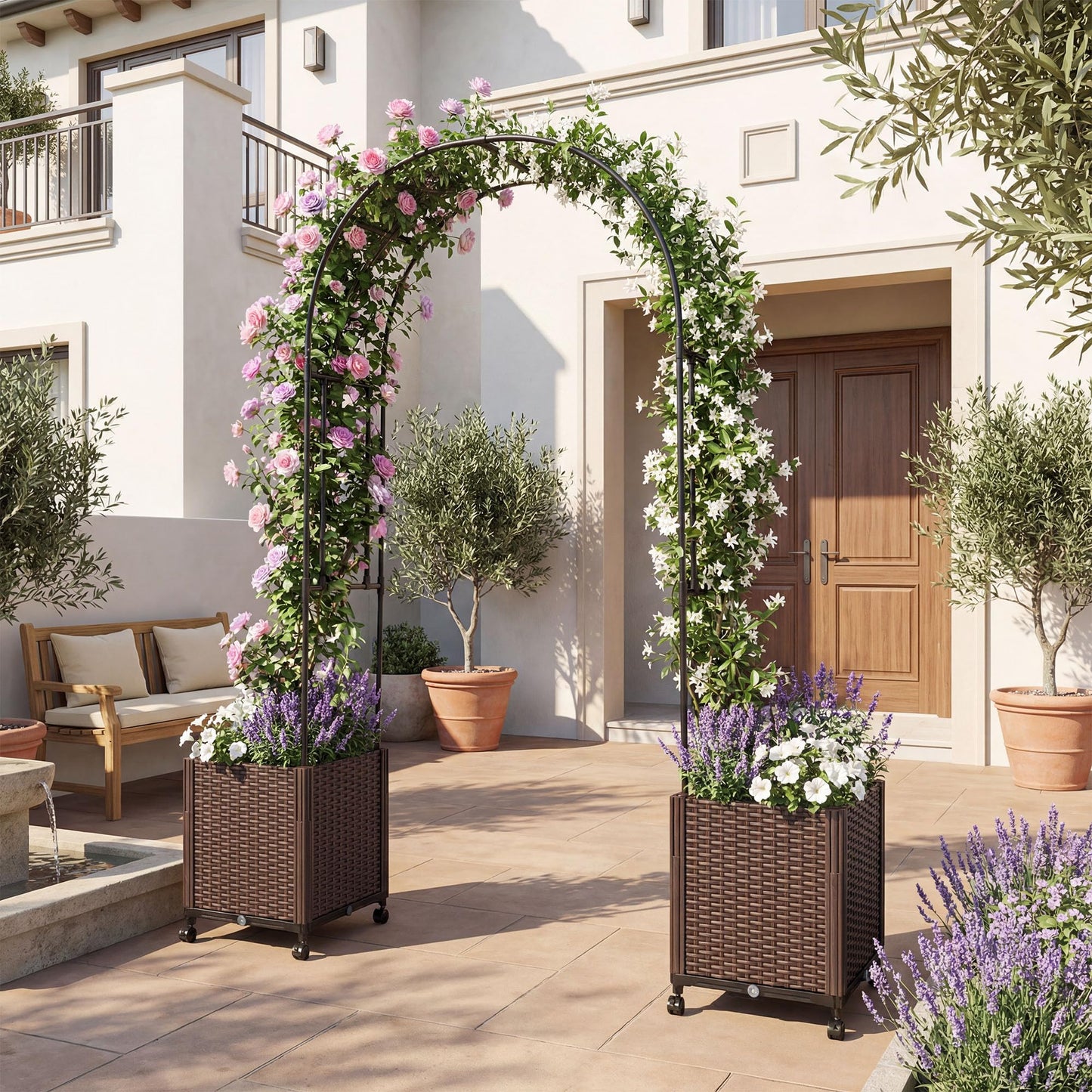 Giantex Metal Garden Arch Trellis Arbor with 2 Self-Watering Planter Boxes, 80" L x 16" W x 91" H PE-Coated Archway with Lockable Rolling Wheels for Climbing Vines, Yard Lawn Party Decorations