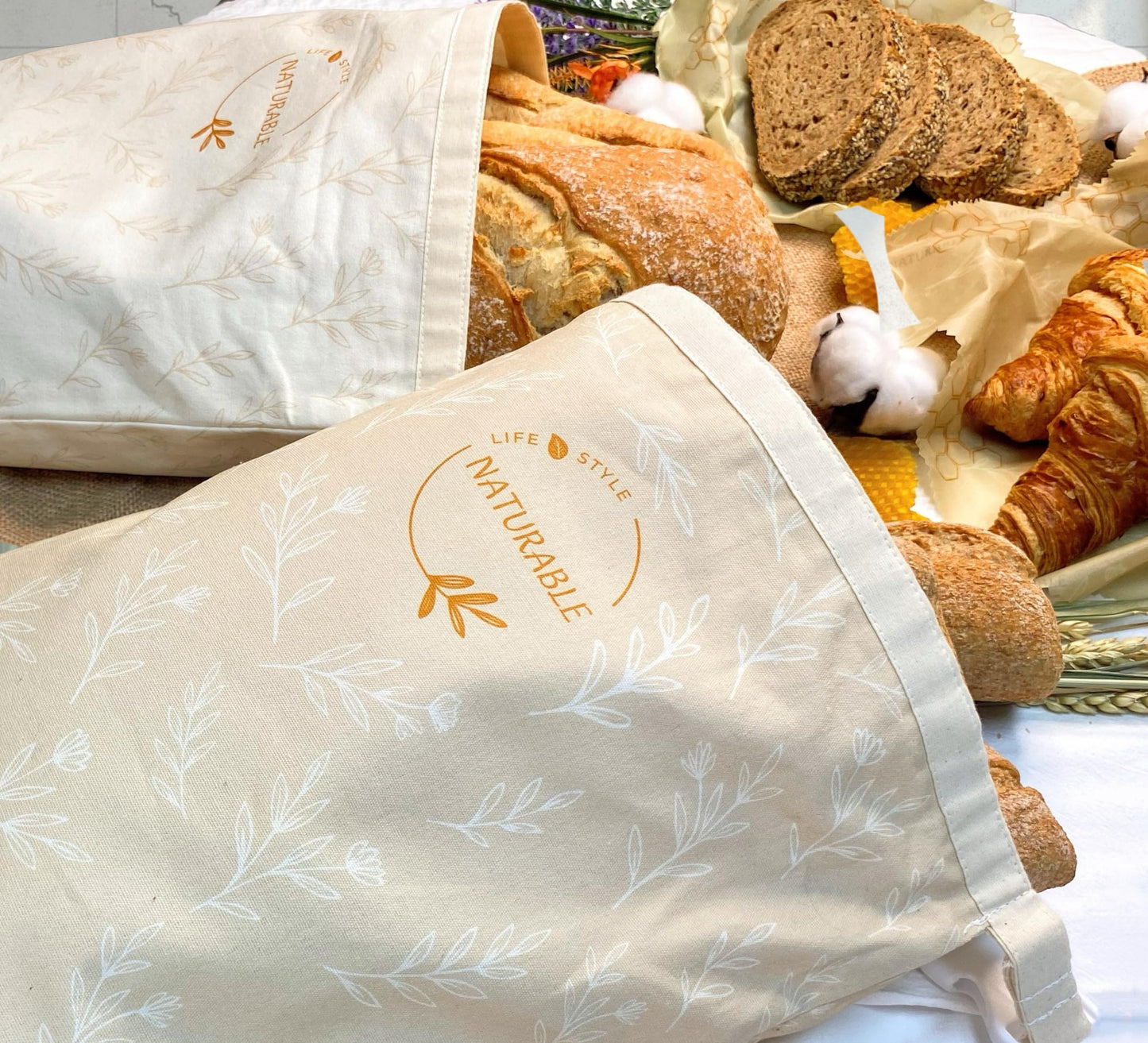 Beeswax Bread Bag for Homemade Bread & Beeswax Wrap Set, 2 XL Sourdough Bread Bags + 2 Beeswax Wraps for Food | Keep Bread Fresh, Breathable, Reusable & Less Waste Storage for Home Bakers (Beige)