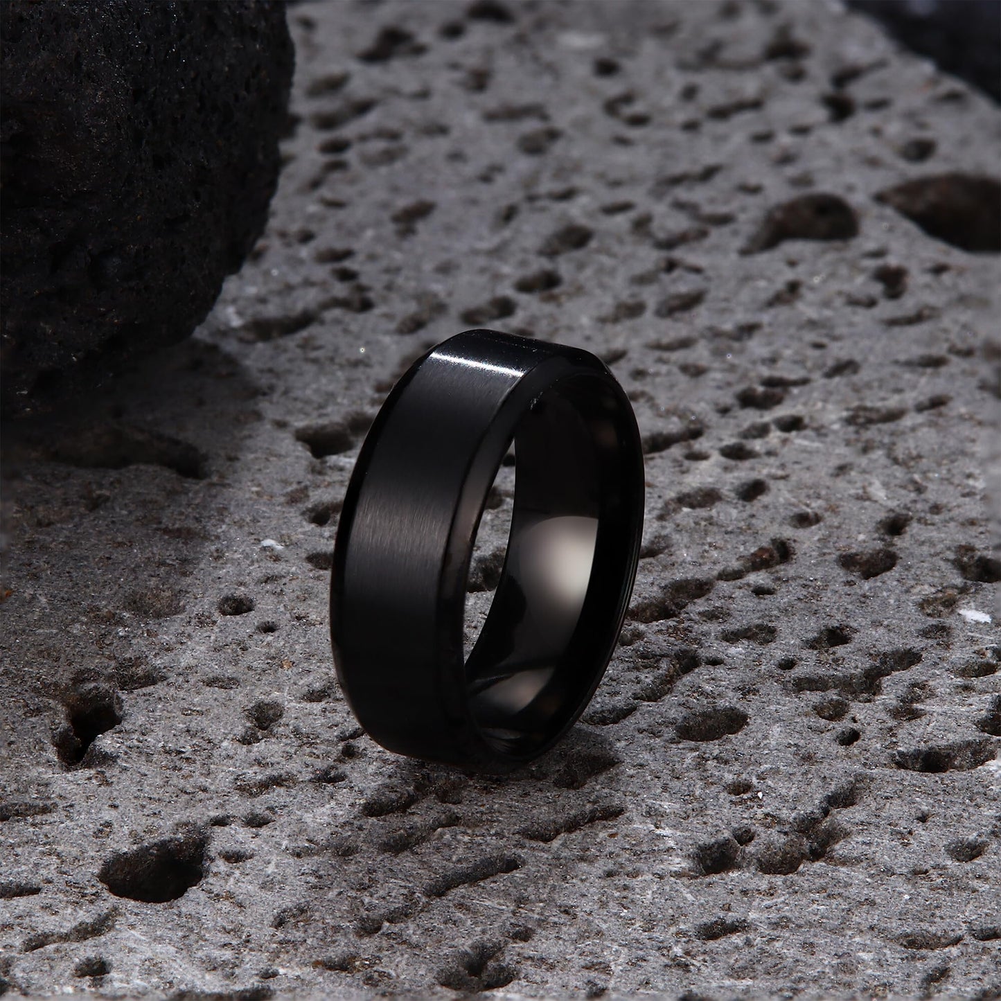 Jstyle Stainless Steel Rings for Men Women 8MM Wedding Band Rings Matte Surface - Beveled Polished Edge Mens Ring Size 9 Black Ring for Men