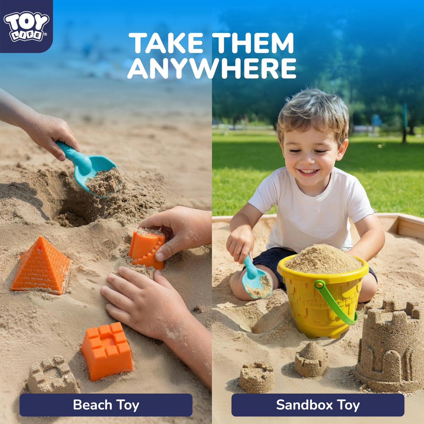 TOY Life Kids Beach Sand Castle Bucket Set, 2 Buckets with Mesh Bag, 6 Molds, 2 Shovels, Colorful Plastic Beach Toys for Summer Play