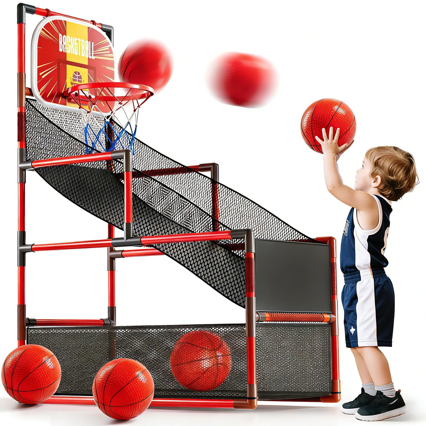 KIZONLY Arcade Basketball Game Indoor, Kids Ajustable Basketball Hoop, Outdoor Carnival Sports Play Toy with 4 Balls and Air Pump, Educational Birthday Gift for Boys Girls 3 4 5 6 7 8 Year Old (Red)