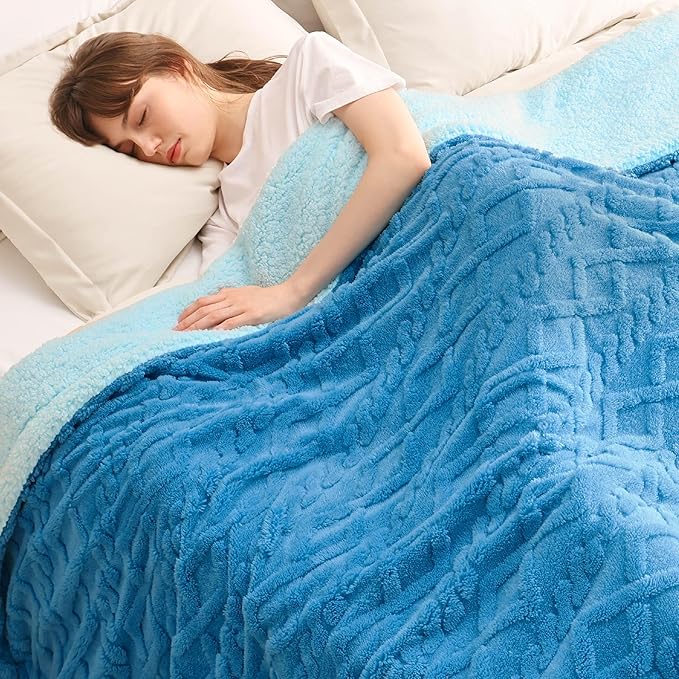 Bedsure Sherpa Fleece Throw Blanket for Couch - GentleSoft Fluffy & Cozy Cable Jacquard Tufted Throw for Women Gift, Thick and Warm Blankets for Winter, Horizon Blue, 50x60 Inches