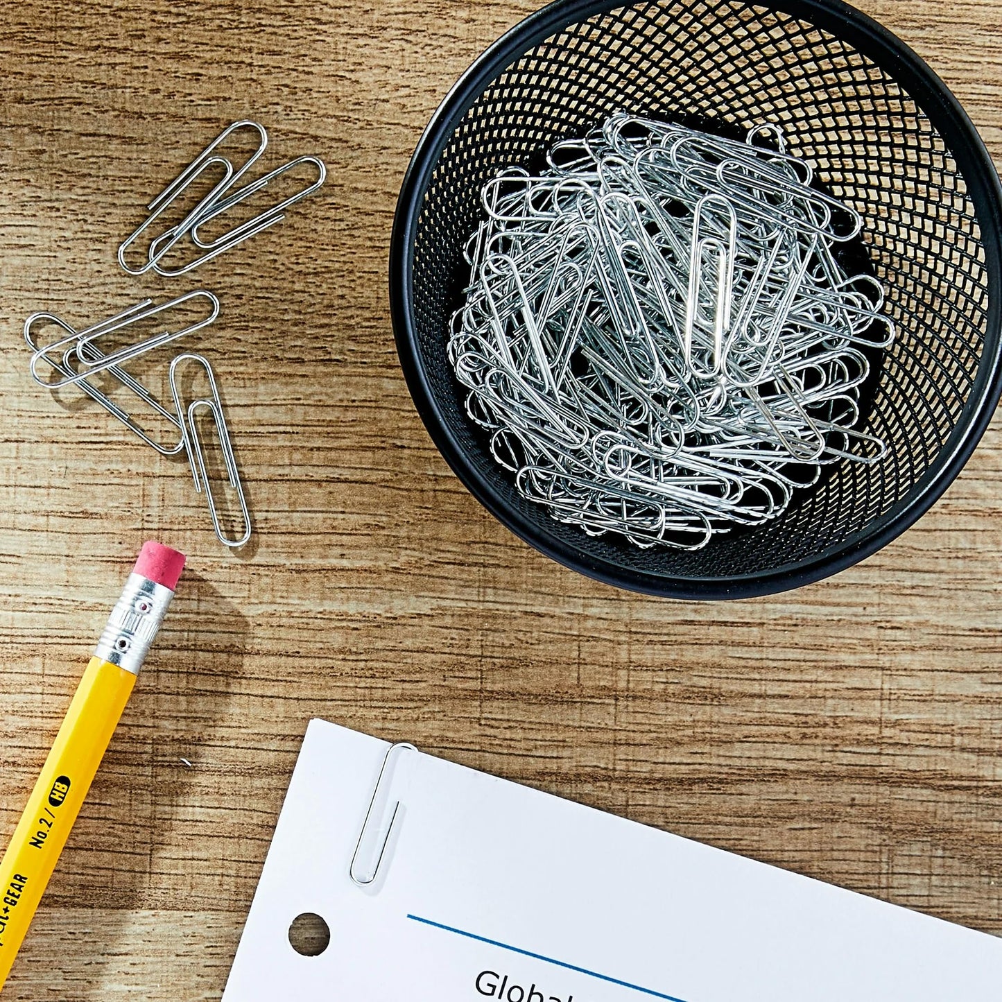 Desk Starter Kit Bundle Metal Mesh Pencil Holder 3 Compartments, Sticky Notes 3x3 in. Neon, Paper Clips 100 Count Student, Office, Home Workspace Organizer Set