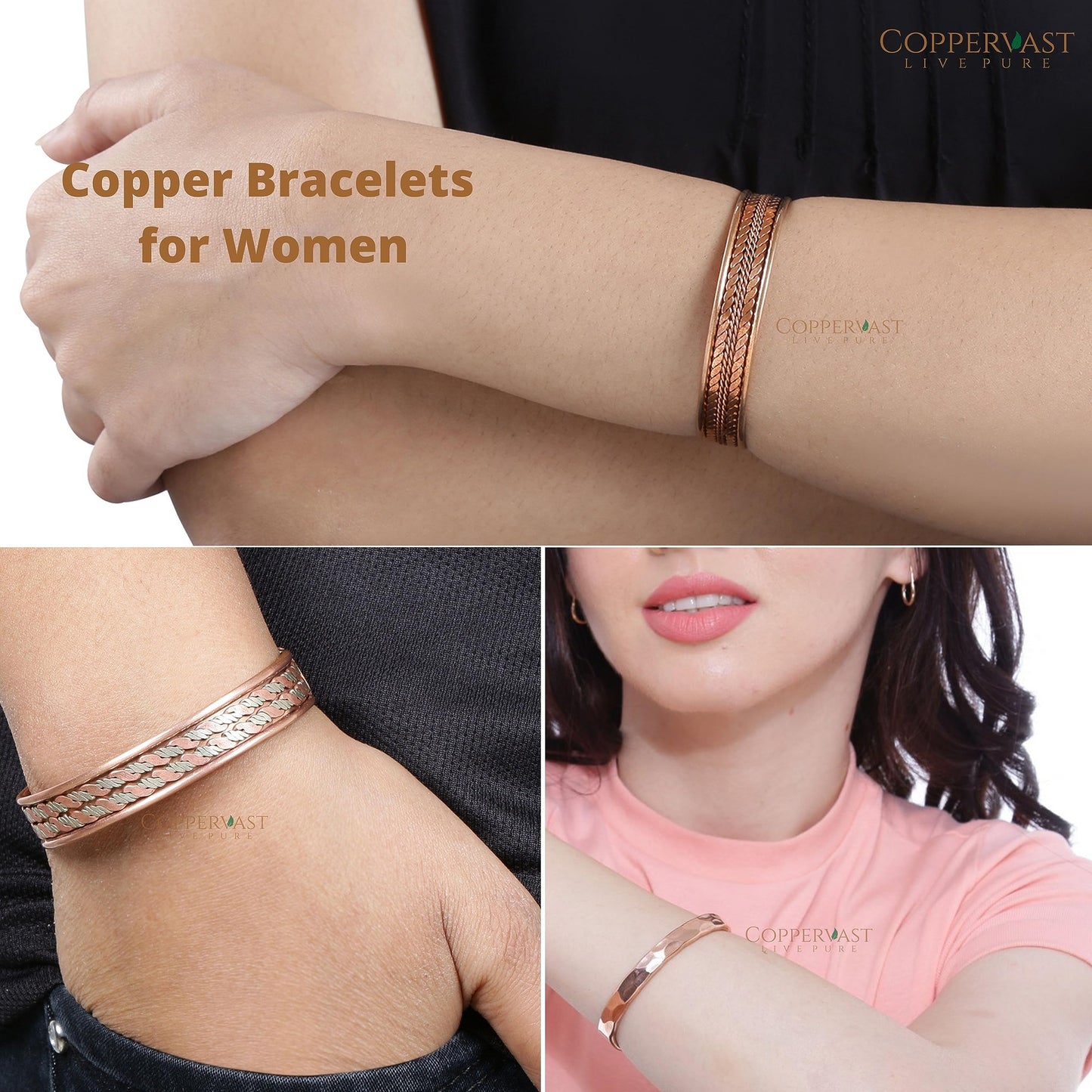 Pure Copper Bracelet Set for Men & Women –3-Piece - Handmade Adjustable Solid Copper Cuff Bangles with Gift Bag | Elegant Unisex Copper Jewelry Gift for Mom