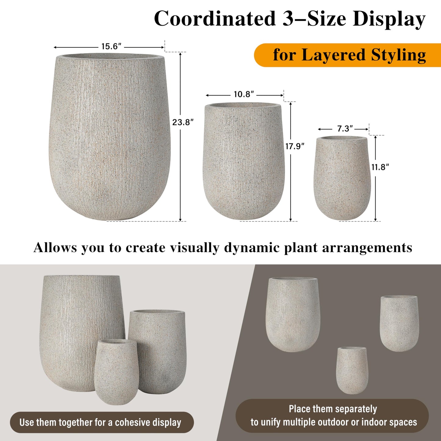 Modern Egg-Shaped Planter Set of 3, Lightweight MGO Stone Look Flower Pots with Drainage Holes & Rubber Plug for Indoor Outdoor Patio Garden Poolside Decor, Unique Textured Succulent Container