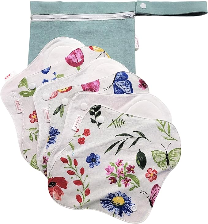 Lilind® 6 Pack Organic Cloth Pads, Regular 9 inch 100% Cotton Reusable Menstrual Sanitary Napkins, Free Wet Bag, Complete Set, Zero Waste