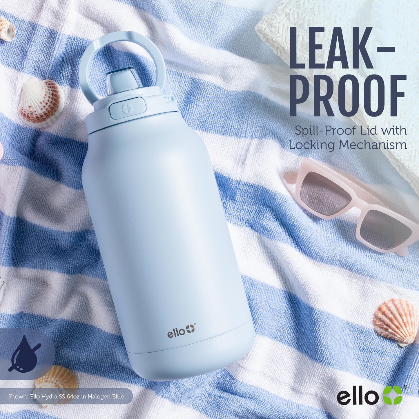 Ello Hydra 64oz Stainless Steel Water Jug with Locking Leak Proof Lid | Reusable Half Gallon Vacuum Insulated Metal Bottle with Silicone Straw, Keeps Drinks Cold All Day, Gift Ready, Grey