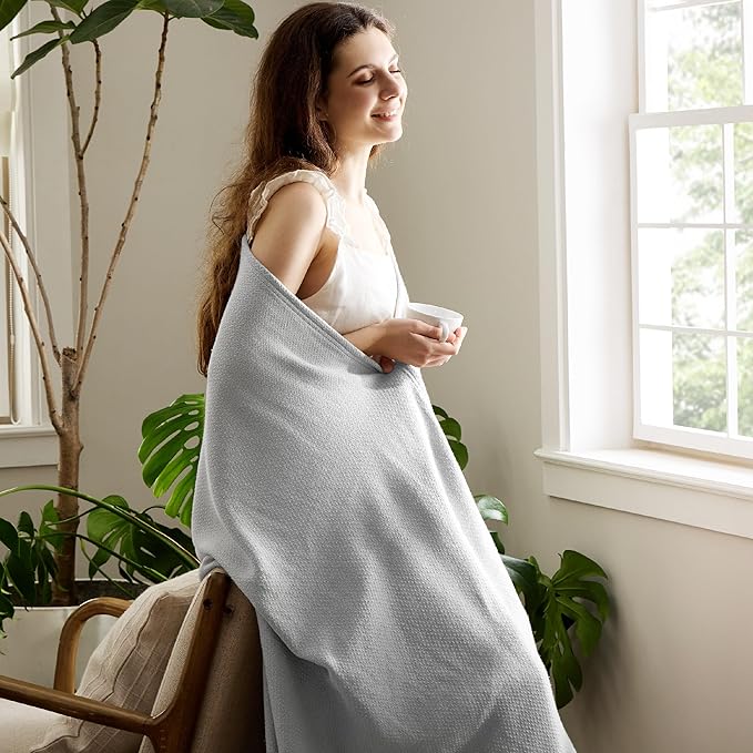 Bedsure 100% Cotton Large Throw Blanket for Couch 50x70 inches - Breathable and Lightweight, Soft Cozy Herringbone Woven Blanket for Summer Spring, Grey