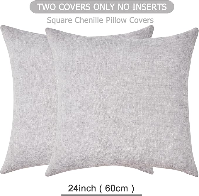GAWAMAY Decorative Chenille Throw Pillow Covers 24x24 Inch Pack of 2, Soft Square Couch Pillow Cover for Sofa Cushion Living Room Bedroom Solid Dyed Pillowcases Light Grey 60x60cm (ONLY Covers)