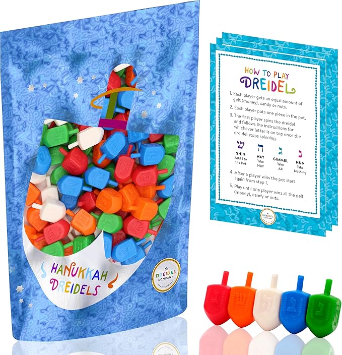 Hanukkah Dreidels Multicolor Plastic Chanuka Draydels with English Transliteration, Includes Dreidel Game Instruction Cards (1000-Pack)