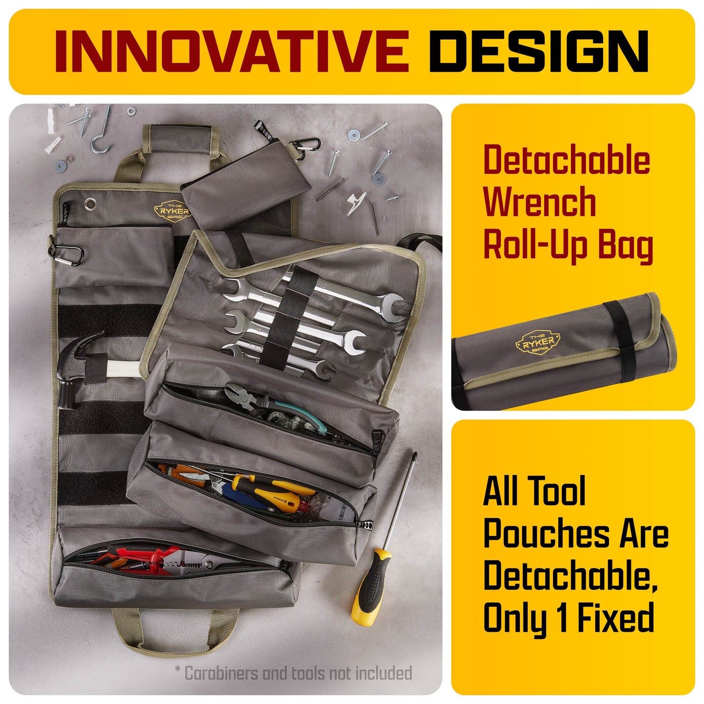 The Ryker PRO Official Roll Up Tool Bag Organizer Gifts for Dad. Motorcycle Tool Bag Organizer for Mechanic & Tools Storage Toolbag Tools Bags Mens gifts for him - w/4 Detachable Pouches & Wrench Roll