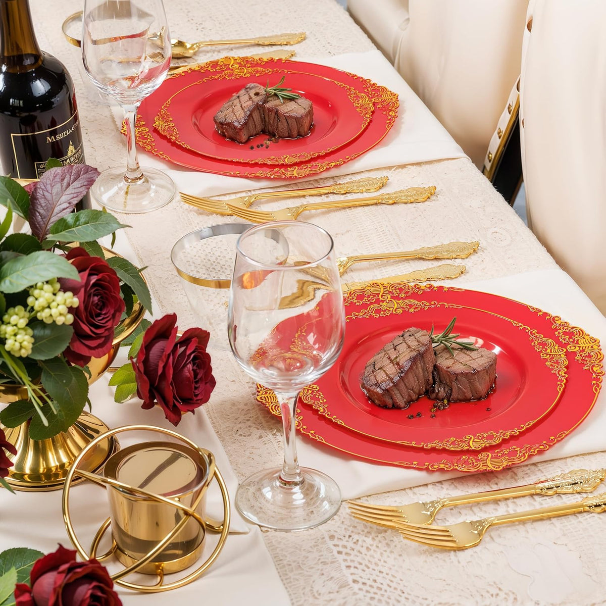 Nervure 350PCS Red Plastic Plates - Red Gold Plastic Dinnerware Sets for 50 Guests - 100 Gold Disposable Plates, 50 Pre Rolled Silverware Sets, 50 Cups Perfect for Wedding & Party & Christmas
