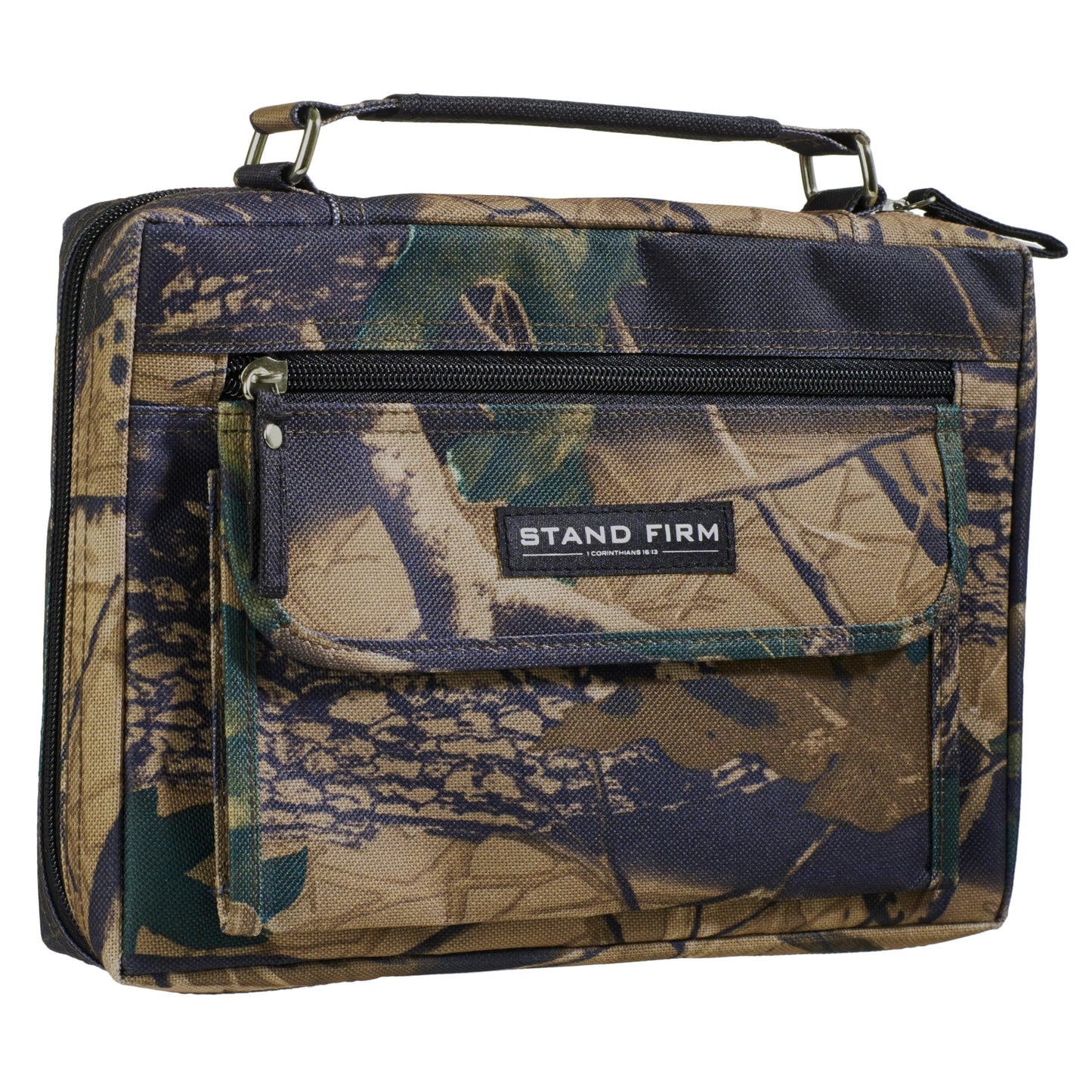 Christian Art Gifts Stand Firm Oak Moss Camo Poly-Canvas Organizer Bible Cover - 1 Corinthians 16:13, Large