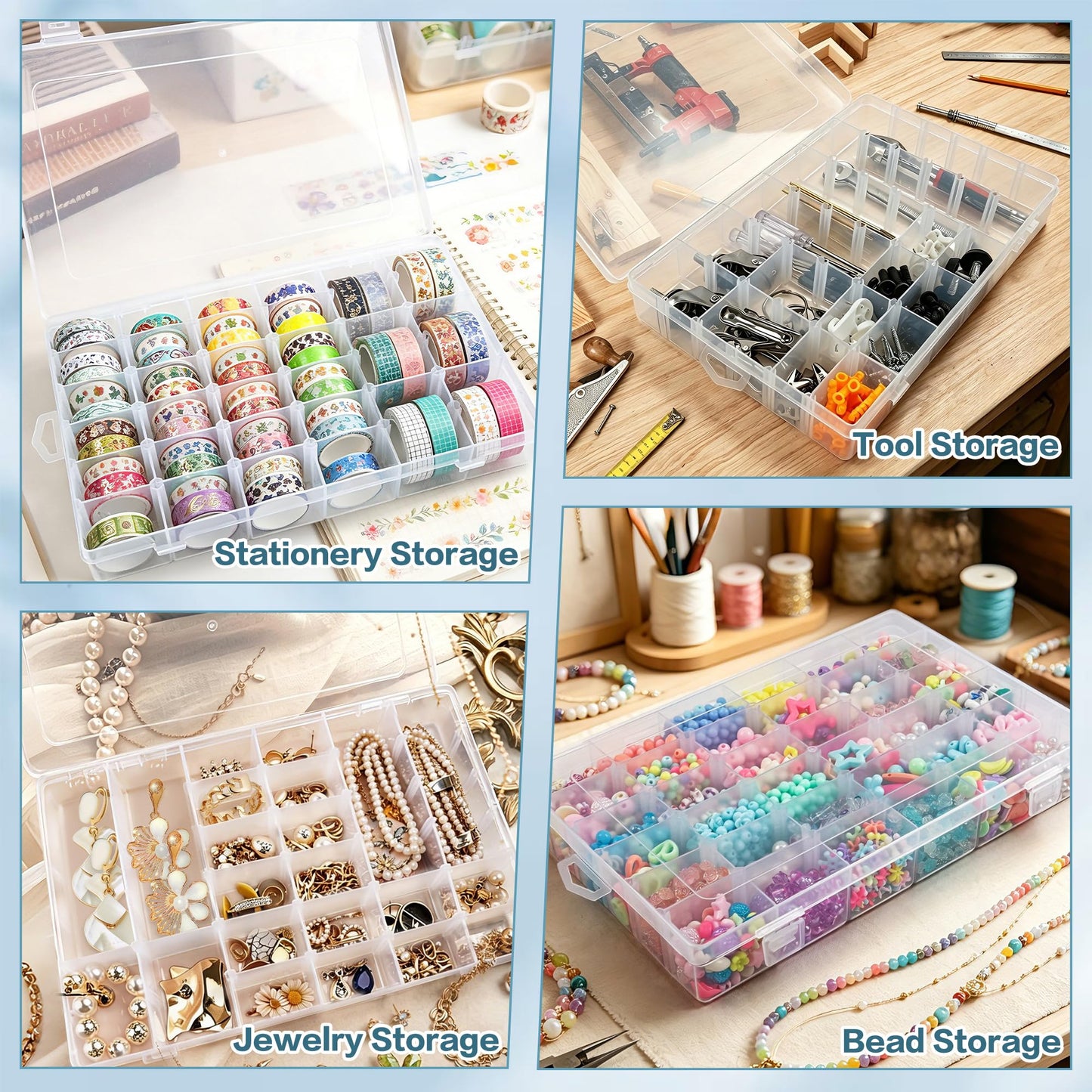 DILIBRA 5 Pack 36 Grids Large Plastic Organizer Box with Adjustable Dividers, Clear Craft Organizers Bead Organizers with Label Stickers, Compartment Container for Beads Crafts Jewelry Fishing Tackles