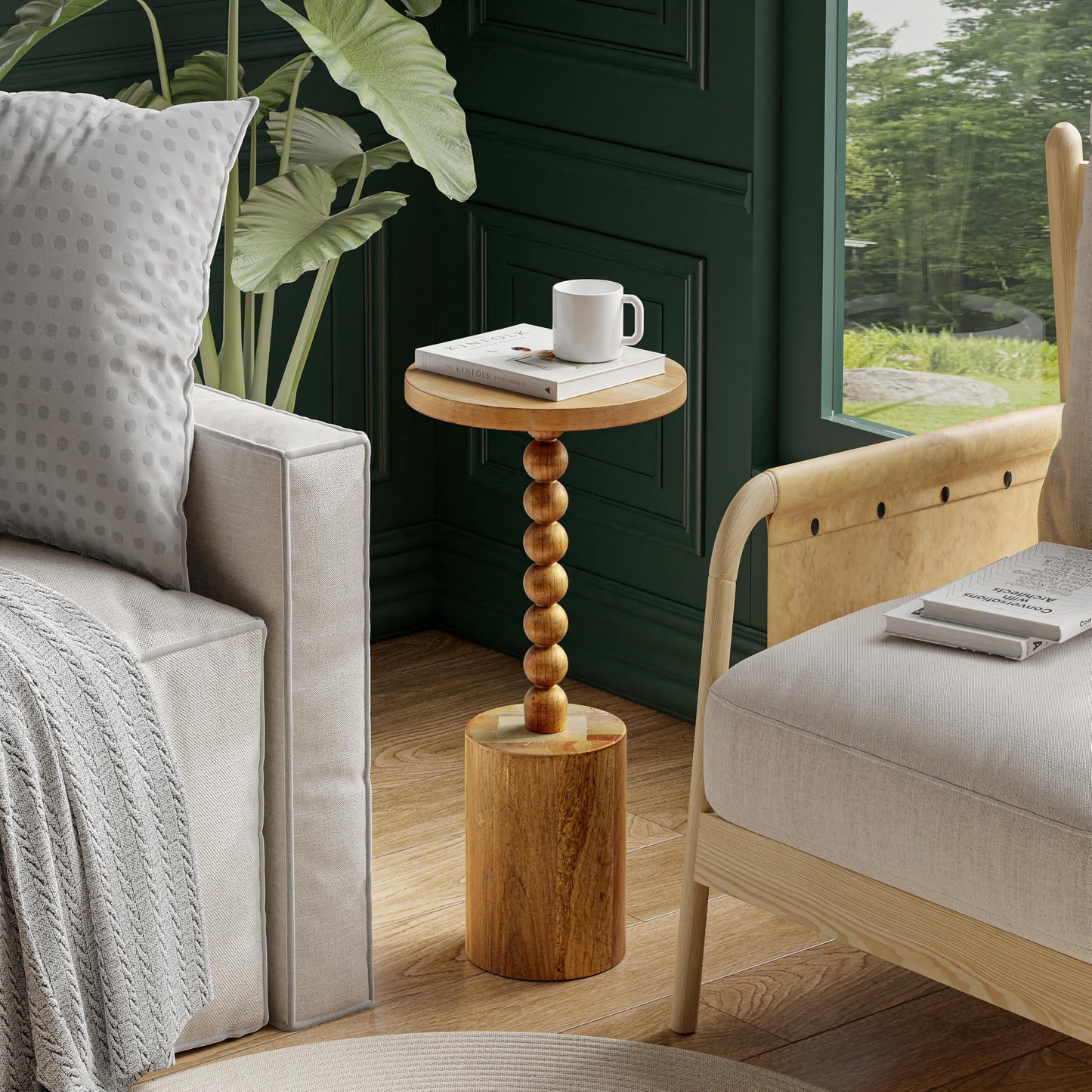 COZAYH Natural Wood End Table with Round Top and Decorative Beaded Pedestal, Farmhouse Accent Side Table Drink Table for Living Room or Small Spaces