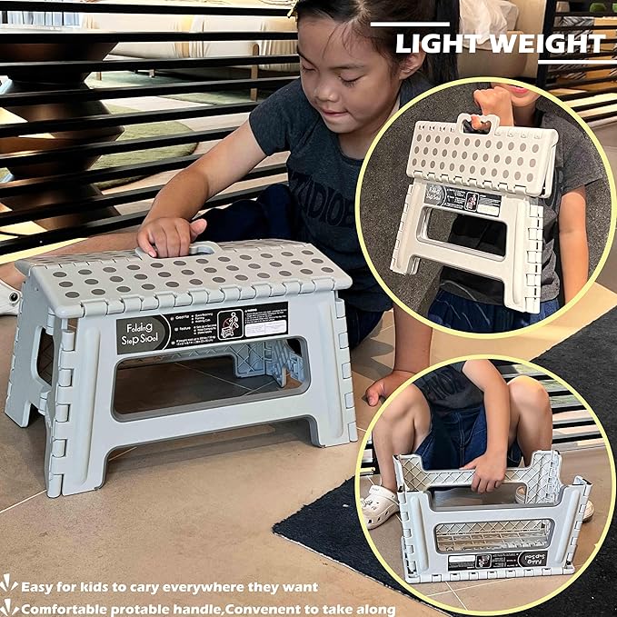 Folding Step Stool - 9inch Height Holds up 300 Lbs Lightweight Foldable Stepping is Sturdy Enough to Support Adults & Safe for Kids. Skid Resistant and Open with one flip(Gray)