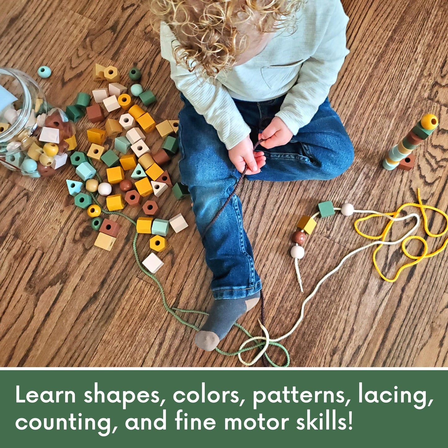 LMC Products Wooden Lacing Beads & Strings 125 Pieces, Fine Motor Skills Toys for 3 Year Old, Boho Colors