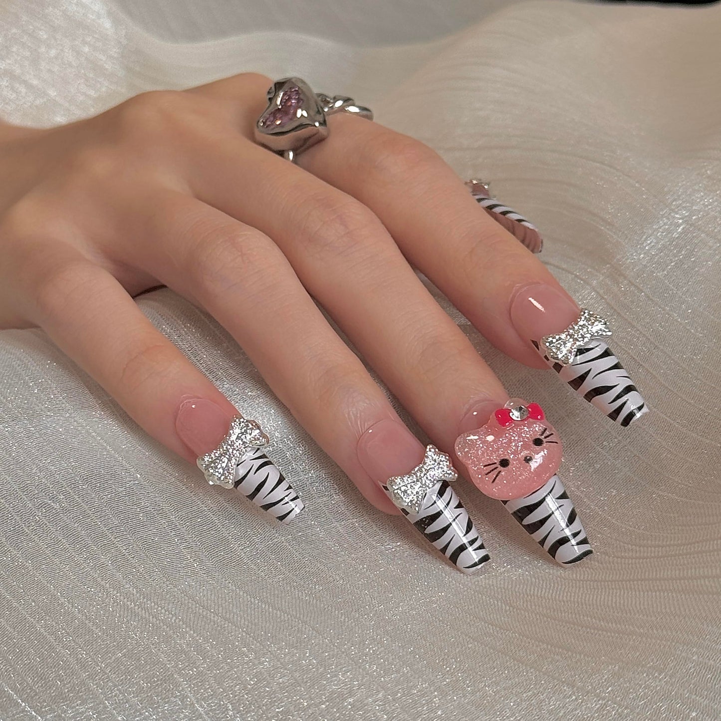 24Pcs Zebra Print Kawaii Nails Coffin Press on Nails Long Y2k Nails Bow Charms 3D Pink Press on Nails for Girls