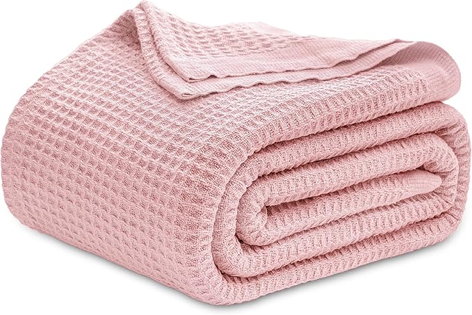Bedsure 100% Cotton Blanket King Size for Bed - Breathable and Soft, Waffle Weave Blanket for Summer Spring, Pink, 104x90 inches