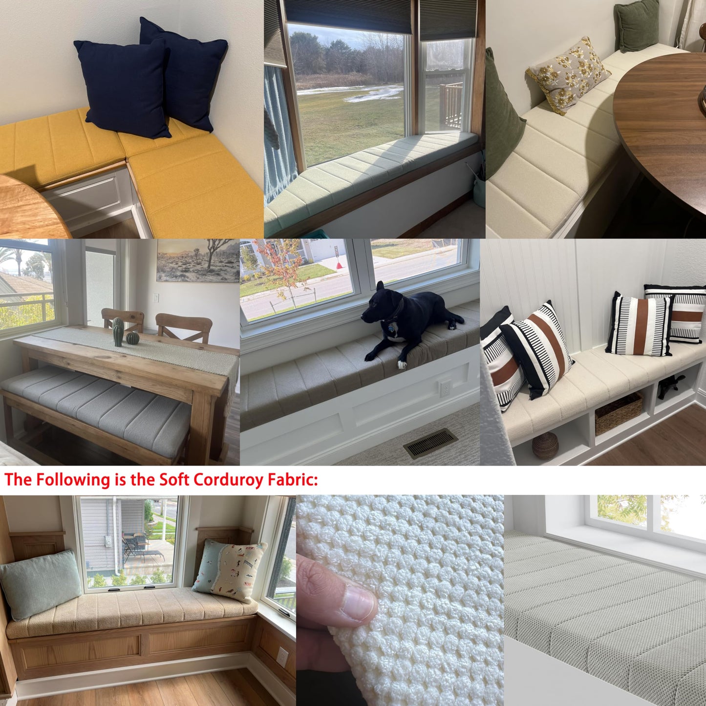 Custom Bay Window Sill Seat Cushion Plump Textured Line Customized Bench Seating Foam Cushions for Indoor Furniture, Mudroom, Reading Nook, Kitchen Dining Room, Anti-Cat, Splash-Proof, Non Slip Bottom