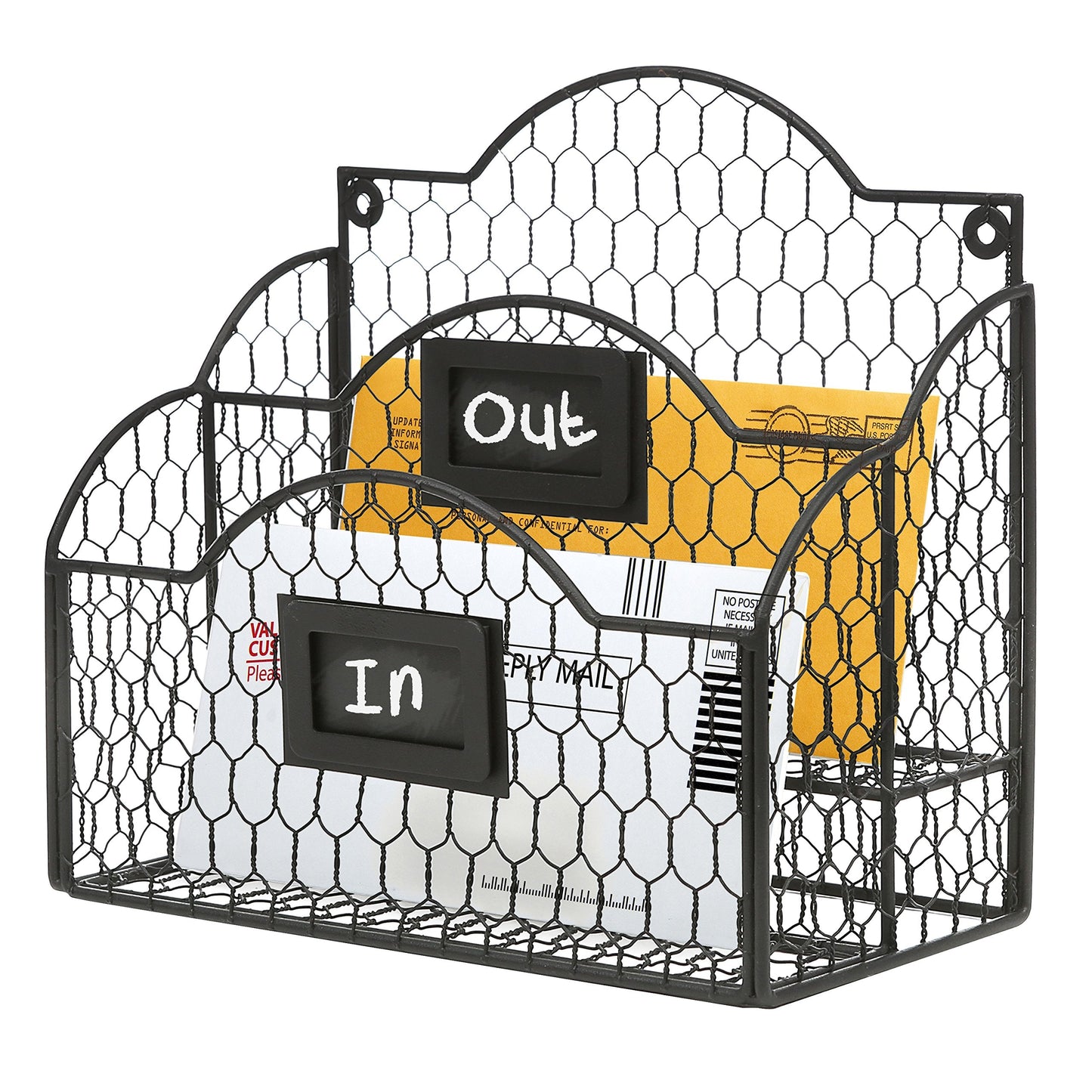 MyGift Metal Wire Basket Desk Organizer, 2 Compartment Inbox/Outbox Black Entryway Wall Mail Sorter, Office Desktop Stationery File Organizer Holder with Chalkboard Labels