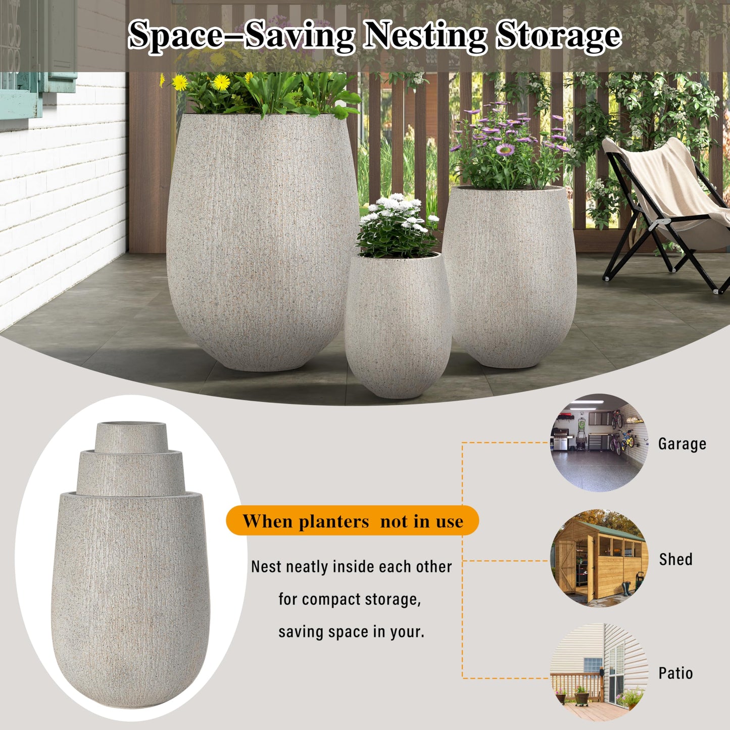 Ningering Egg-Shaped Outdoor Planter Set of 3,Modern Stone-Look Textured Flower Pots with Drainage Holes and Rubber Plug, Suitable for Patio, Garden, Poolside & Indoor (Gray)