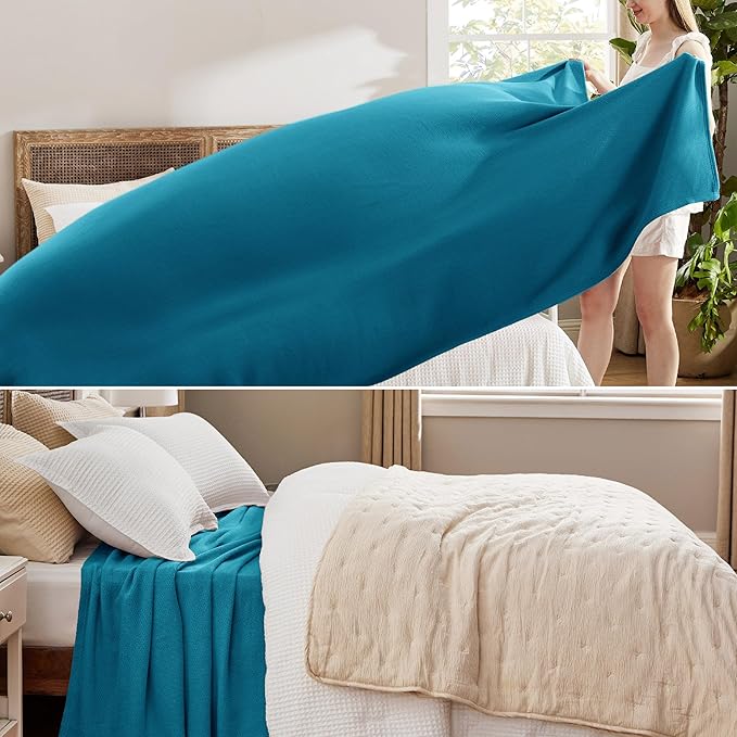 Bedsure 100% Cotton Blanket King Size for Bed - Breathable and Lightweight, Soft Cozy Textured Herringbone Woven Blanket for Summer Spring, Teal, 108x90 inches