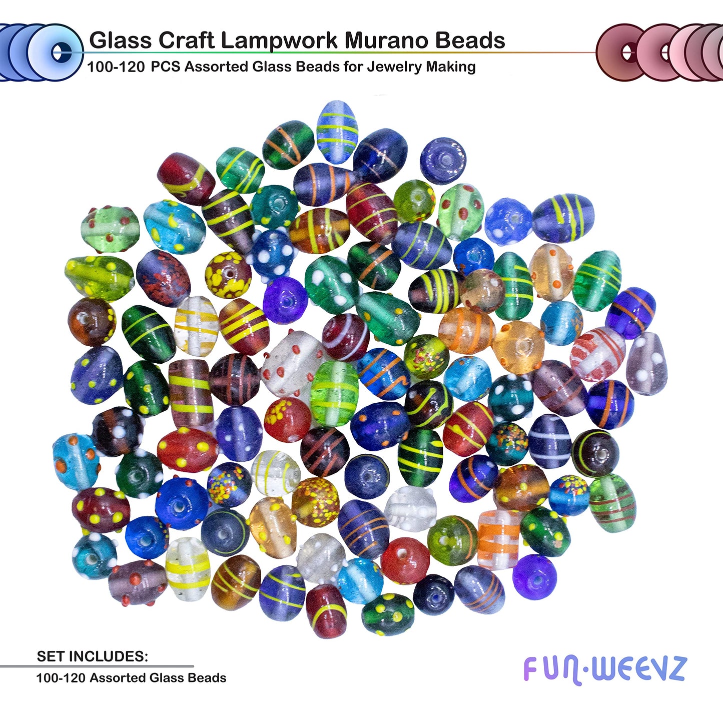 Fun-Weevz Assorted Glass Beads for Jewelry Making Adults, Bulk Glass Beads for Crafts, Lampwork Murano Bead Mix for Bracelets and Necklaces, Crafting Beads Supplies Kit, Large & Small Beads