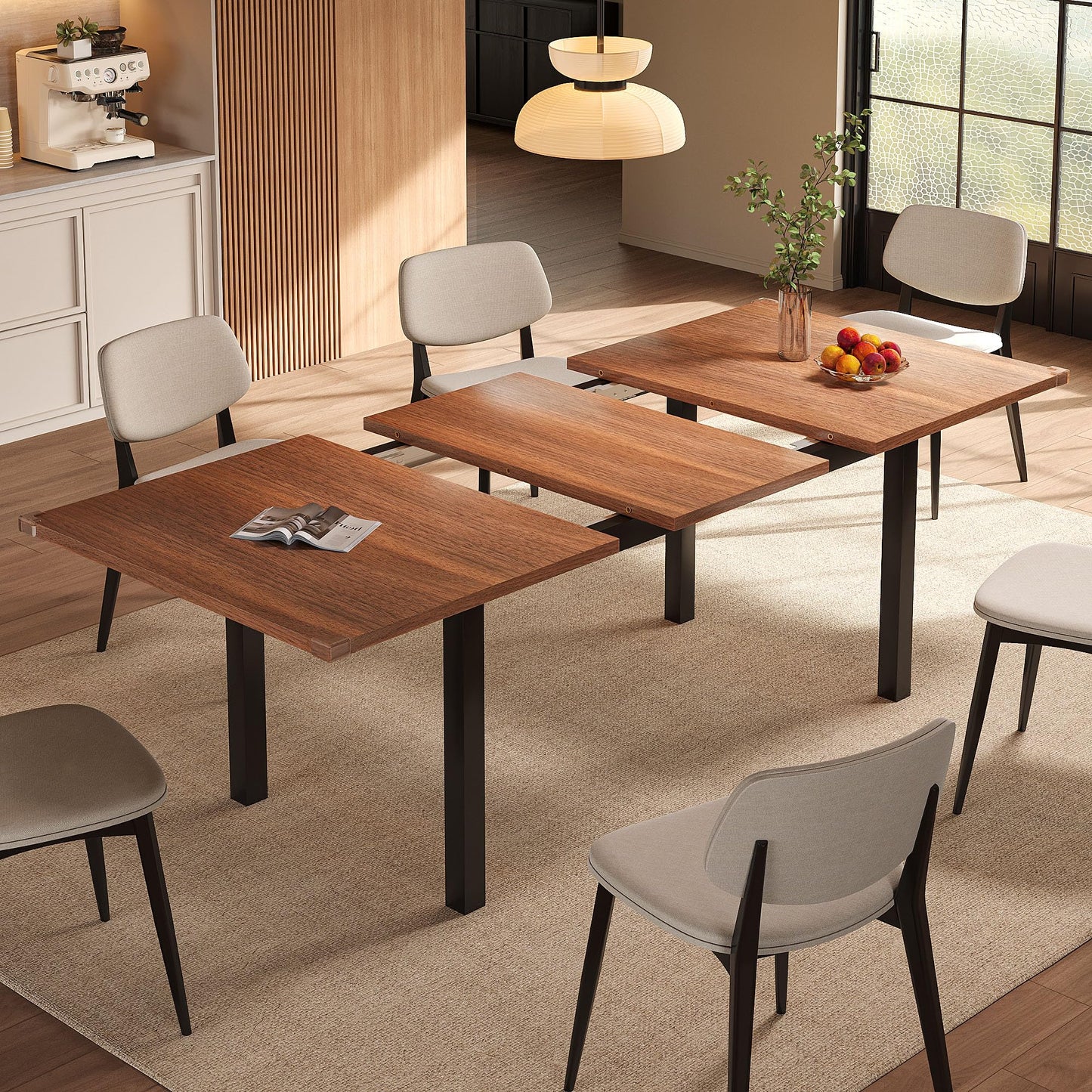 Einhomn Extendable Dining Table for 4-6, 63" Modern Kitchen Table, Farmhouse Dining Room Tables for Dining, Kitchen, Office, Living Room, Rectangular Wooden Tables, Space Saving (Walnut)