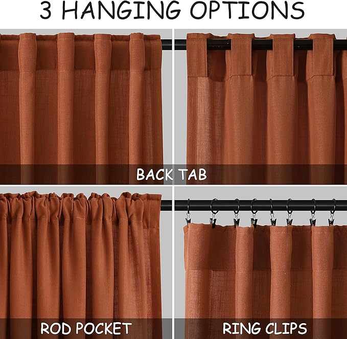 Nanspring Terracotta Curtains 80 Inches Length for Living Room Back Tab Rod Pocket Semi Sheer Linen Drapes Muted Neutral Boho Brick Burnt Orange Linen Textured Window Curtain for Dining Room 52X80