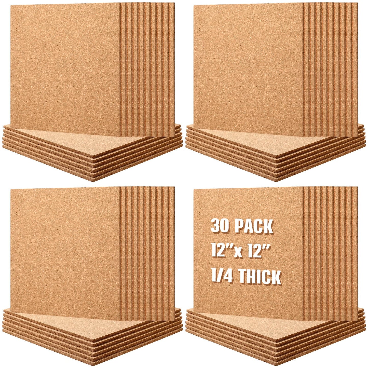 Kosiz 30 Pack Cork Board Square 12" x 12", 1/4" Thick Cork Board Tiles Bulk for Wall Self Adhesive Bulletin Corkboards Tiles Sheet for Wall School Office Home Decoration
