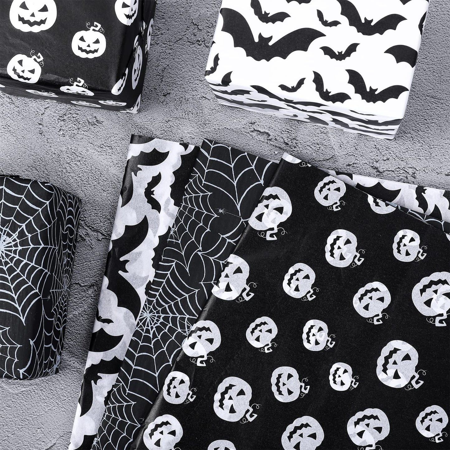 Whaline 120 Sheet Halloween Tissue Paper Black and White Wrap Tissue Paper with Cobweb Bat Pumpkin Pattern Gift Wrapping Paper for Fall Halloween Party Gift Packing DIY Craft, 13.8 x 19.7 Inch