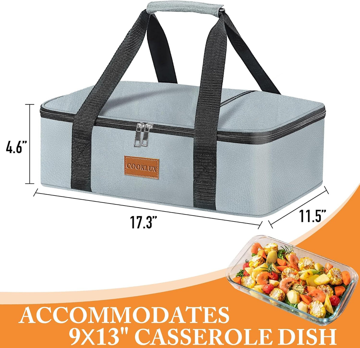 Insulated Casserole Carrier - Single Layer Design, Food Warmer Bag for Hot&Cold Food Travel, Fits 9x13 Casserole Dish, Leak-Proof, Durable Nylon, Zip Pockets, Grey