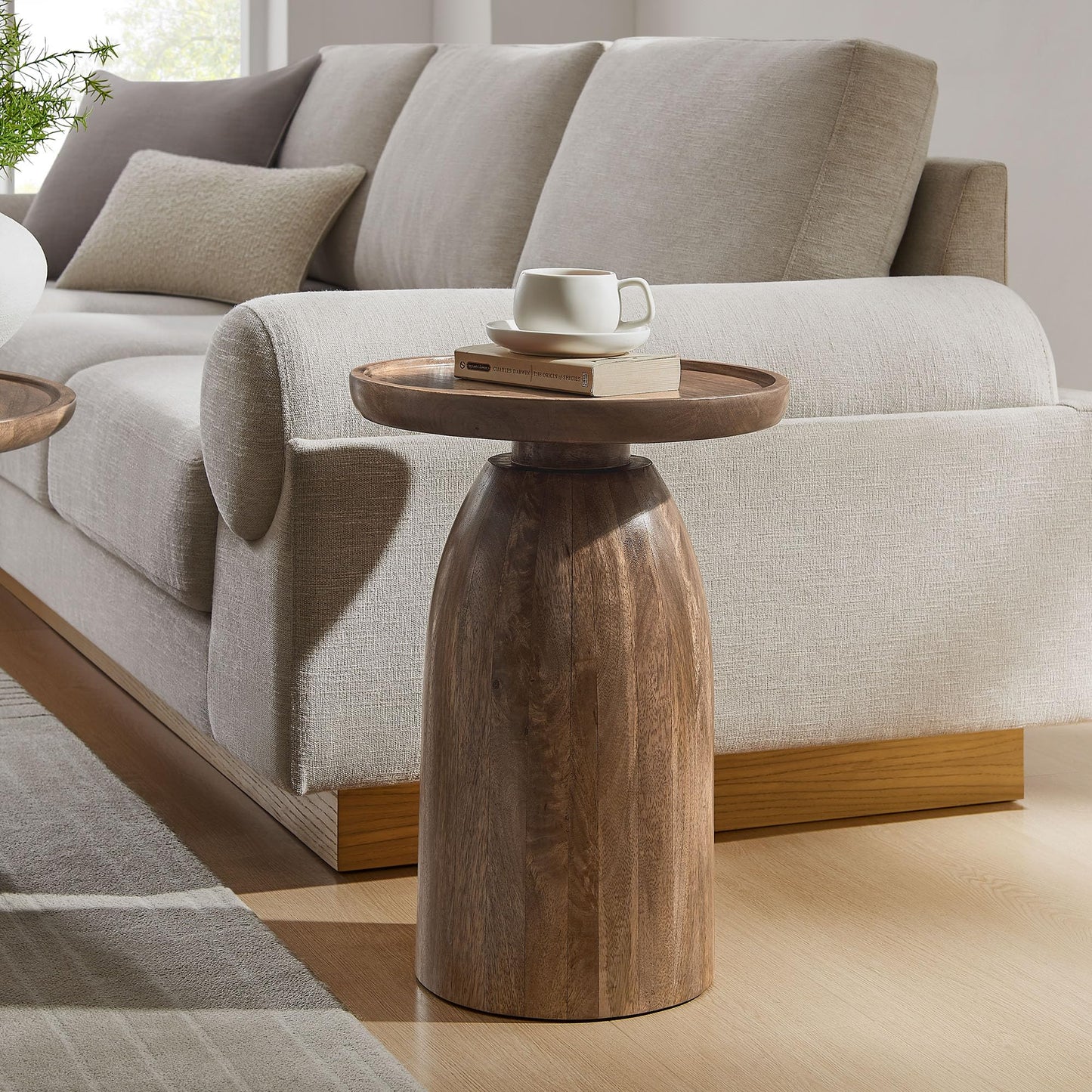 Modway Holloway Solid Mango Wood Side End Table in Walnut – Contemporary Wooden Accent Table for Living Room – Small Round Plant Stand or Pedestal Drink Table