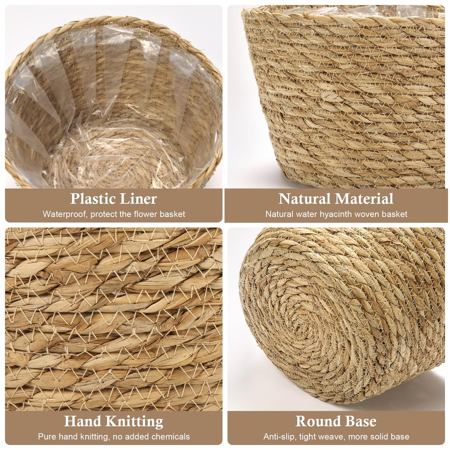 Athaliah Woven Plant Basket Set of 3 with Plastic Liner, Indoor Planter Baskets for Floor Plants, Water Hyacinth & Corn Husk Basket Planters, Decorative Rustic Boho Home Decor