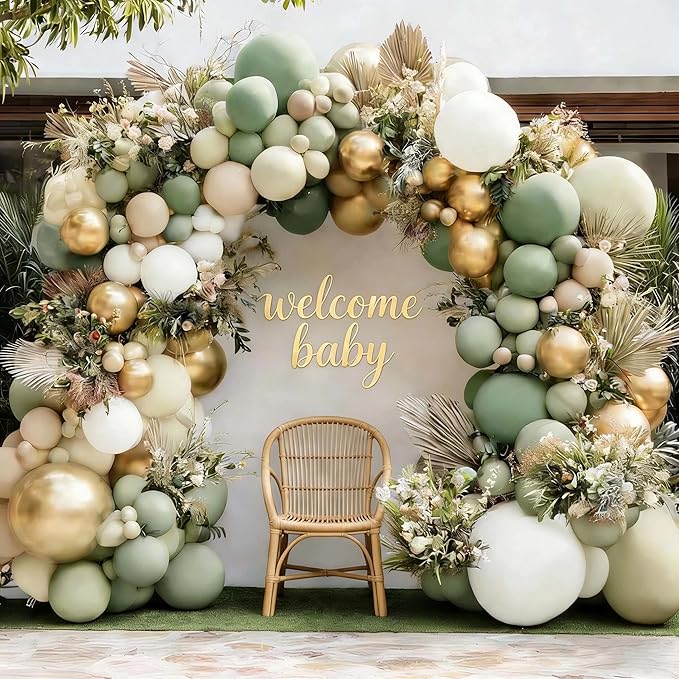 Dusty Green & White Gold Balloon Arch Kit, Double Stuffed – Sage Green, Sand White, Beige, Olive & Metallic Latex Balloons for Baby Shower, Bridal & Wedding