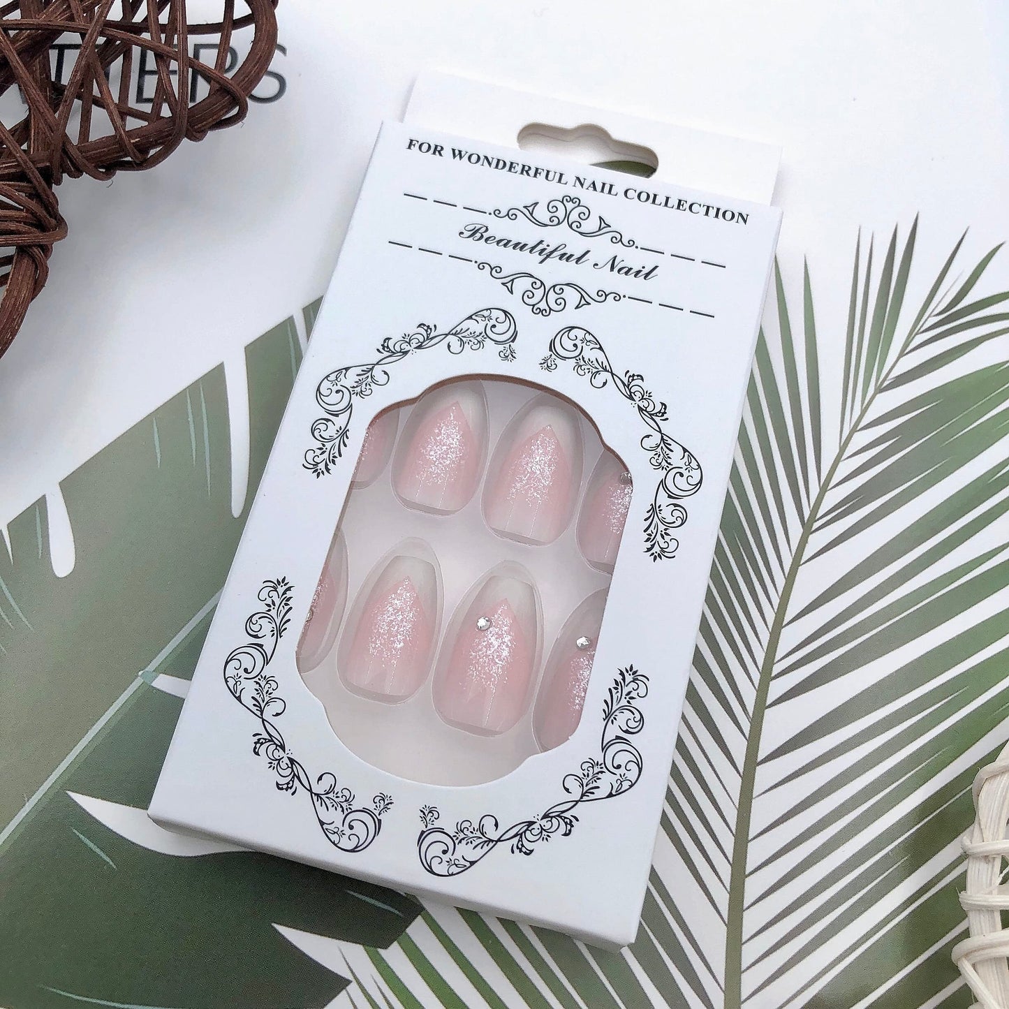 Press on Nails Short Coffin, French Tip Fake Nails with Glitter Sequins Design Nude Full Cover Stick on Nails Glossy False Nails with Glue for Women 24pcs
