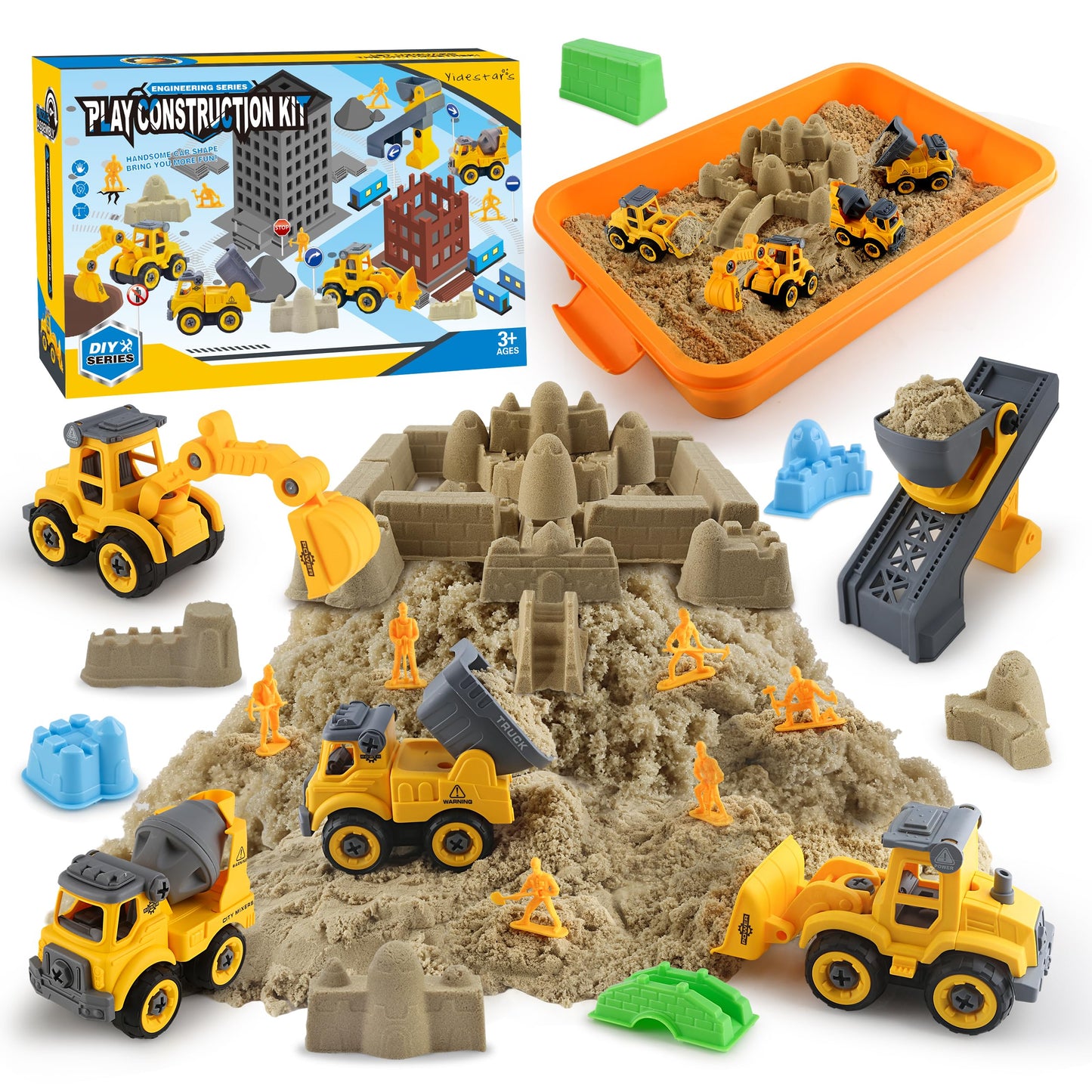 YIDESTARS Construction Sandbox with Lid - 4 Vehicles with 1 Conveyor, 8 Castle Molds, 6 Figures & 3lbs Moldable Sand - Preschool Sensory Bin for Fine Motor Skills, Ages 3-6